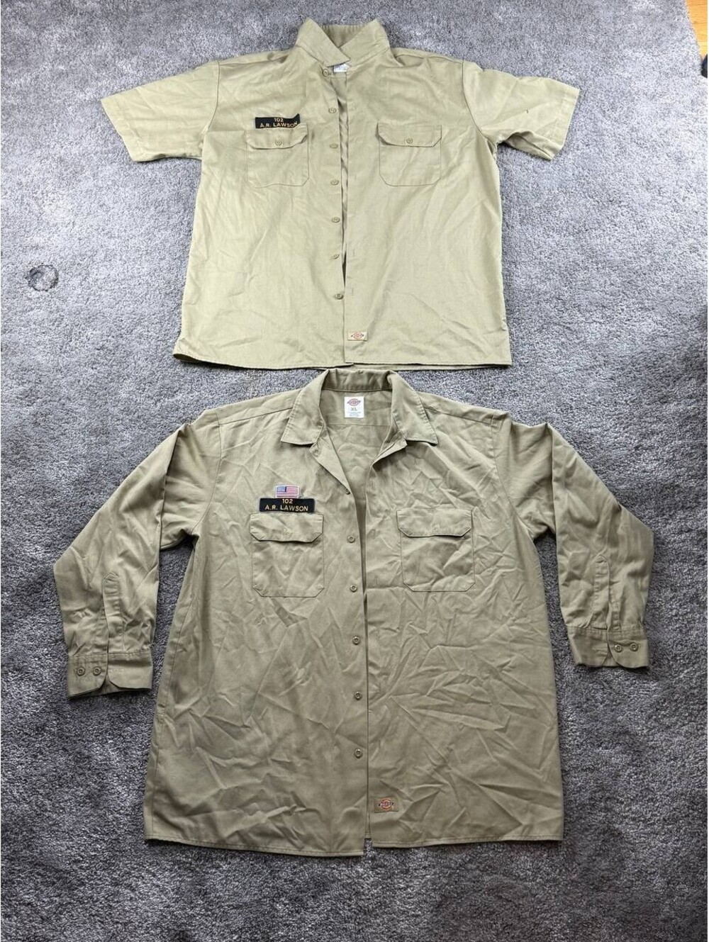 Dickies Work Shirt Lot 2 XL Khaki Uniform Name Patch USA Flag Button Up